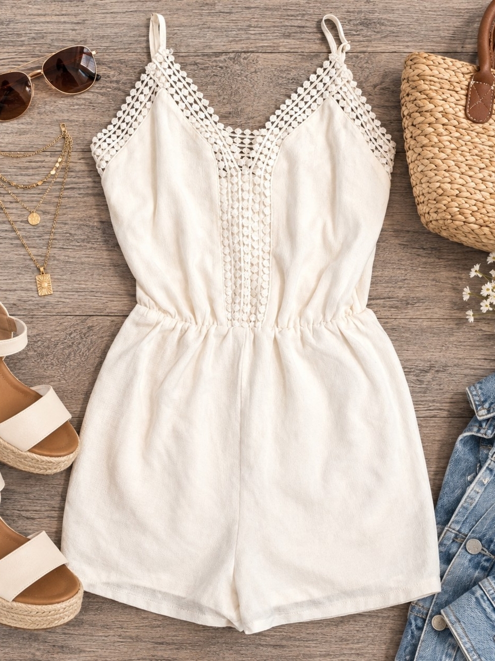 Soieblu Cream Crochet-Trim Romper